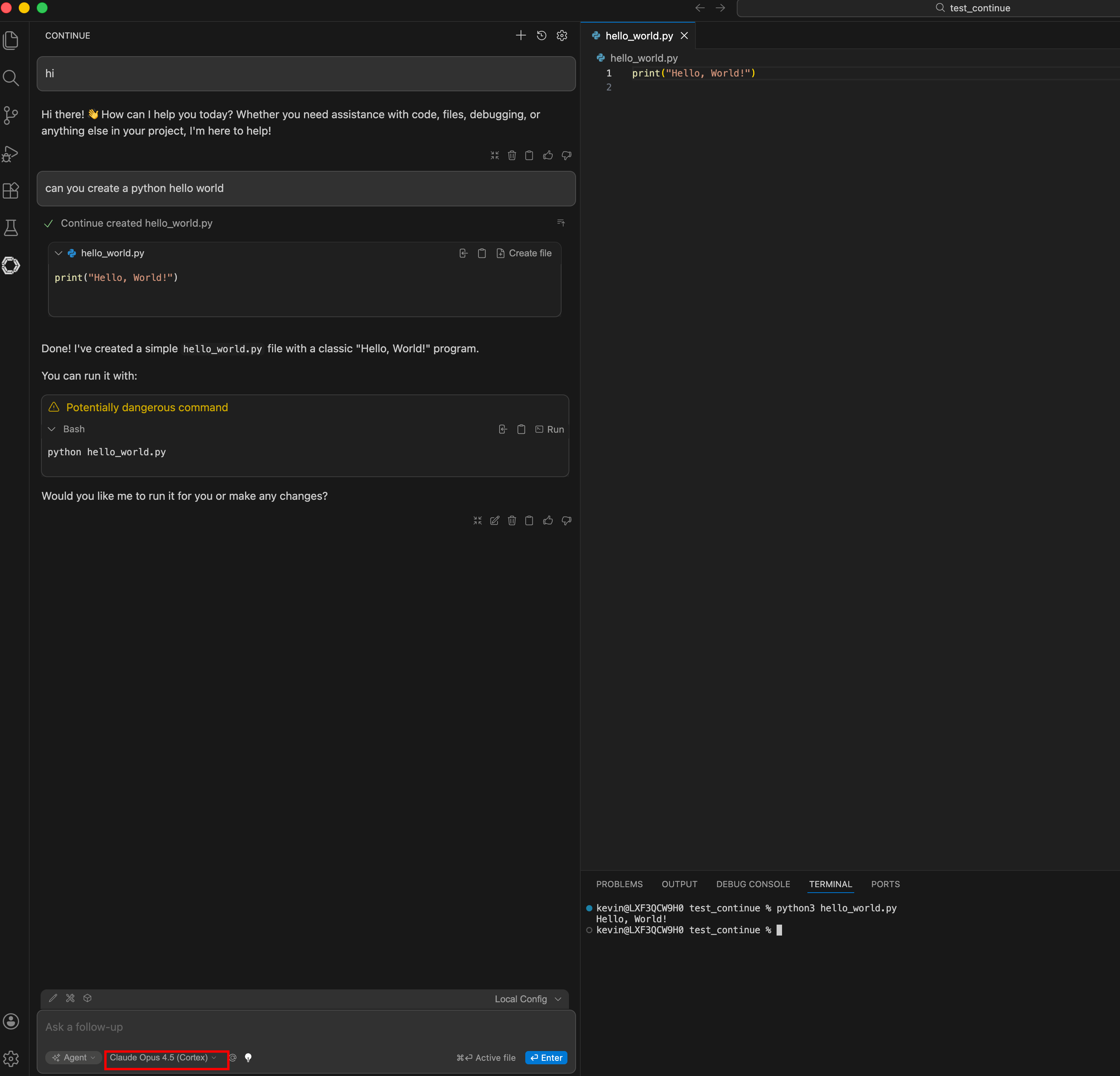 Continue.dev creating a Python file via Cortex Proxy — note &ldquo;Claude Opus 4.5 (Cortex)&rdquo; in the bottom bar