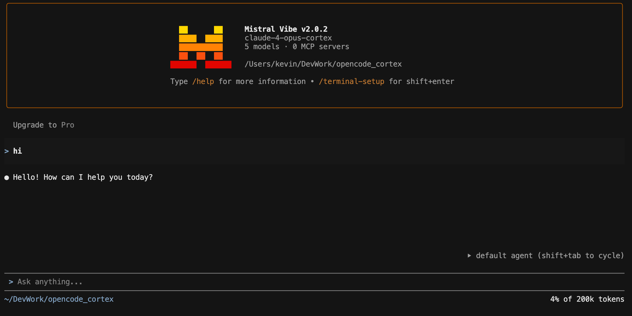 Mistral Vibe connected via Cortex Proxy — showing &ldquo;claude-4-opus-cortex&rdquo; model