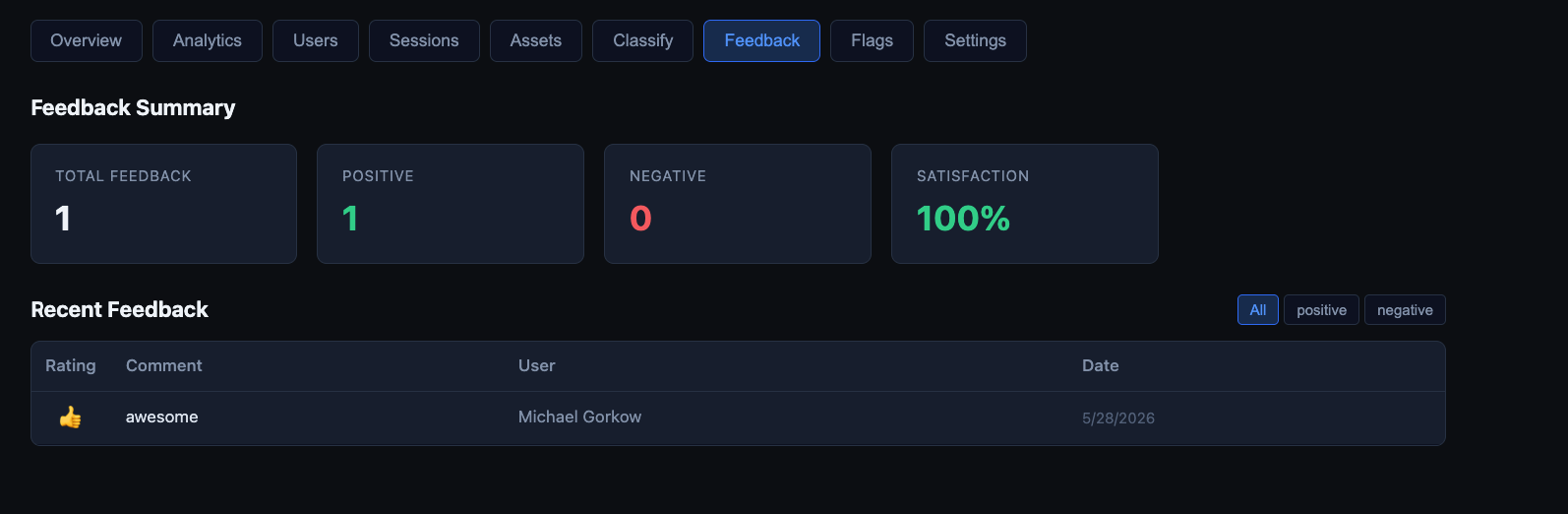 User feedback collection with satisfaction metrics