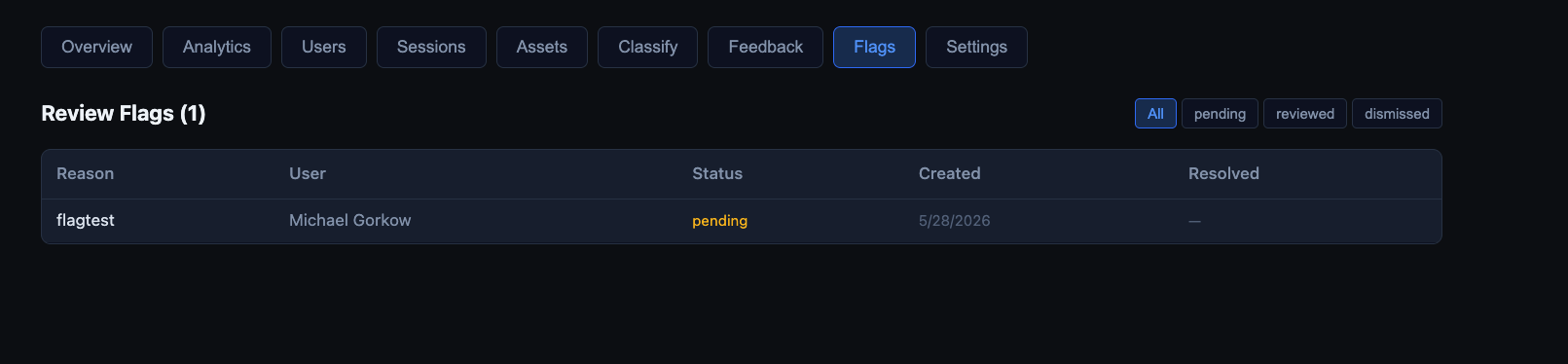 Review flags — users can flag responses for quality review