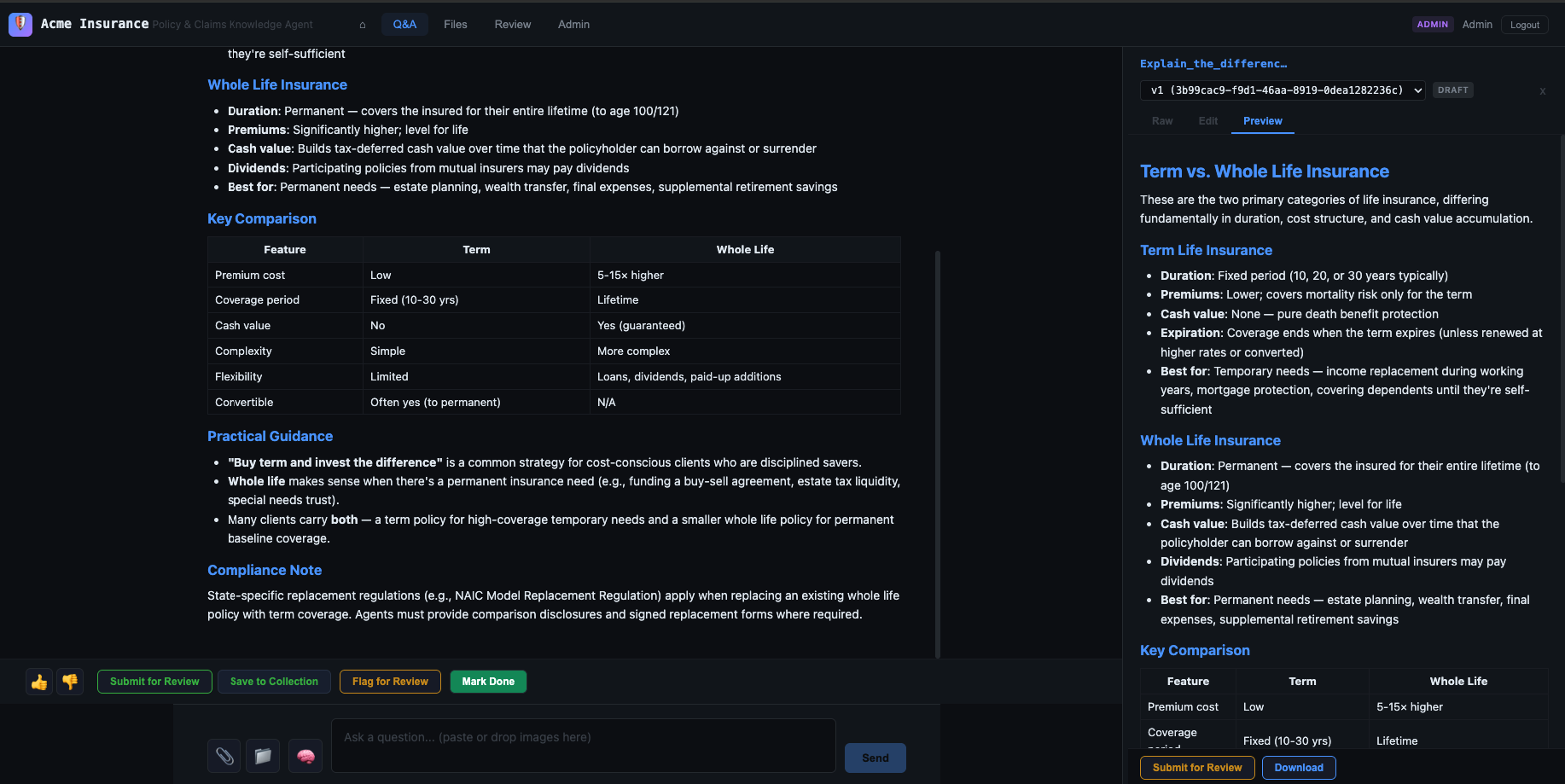 Agent response with workspace document panel — edit, review, and export