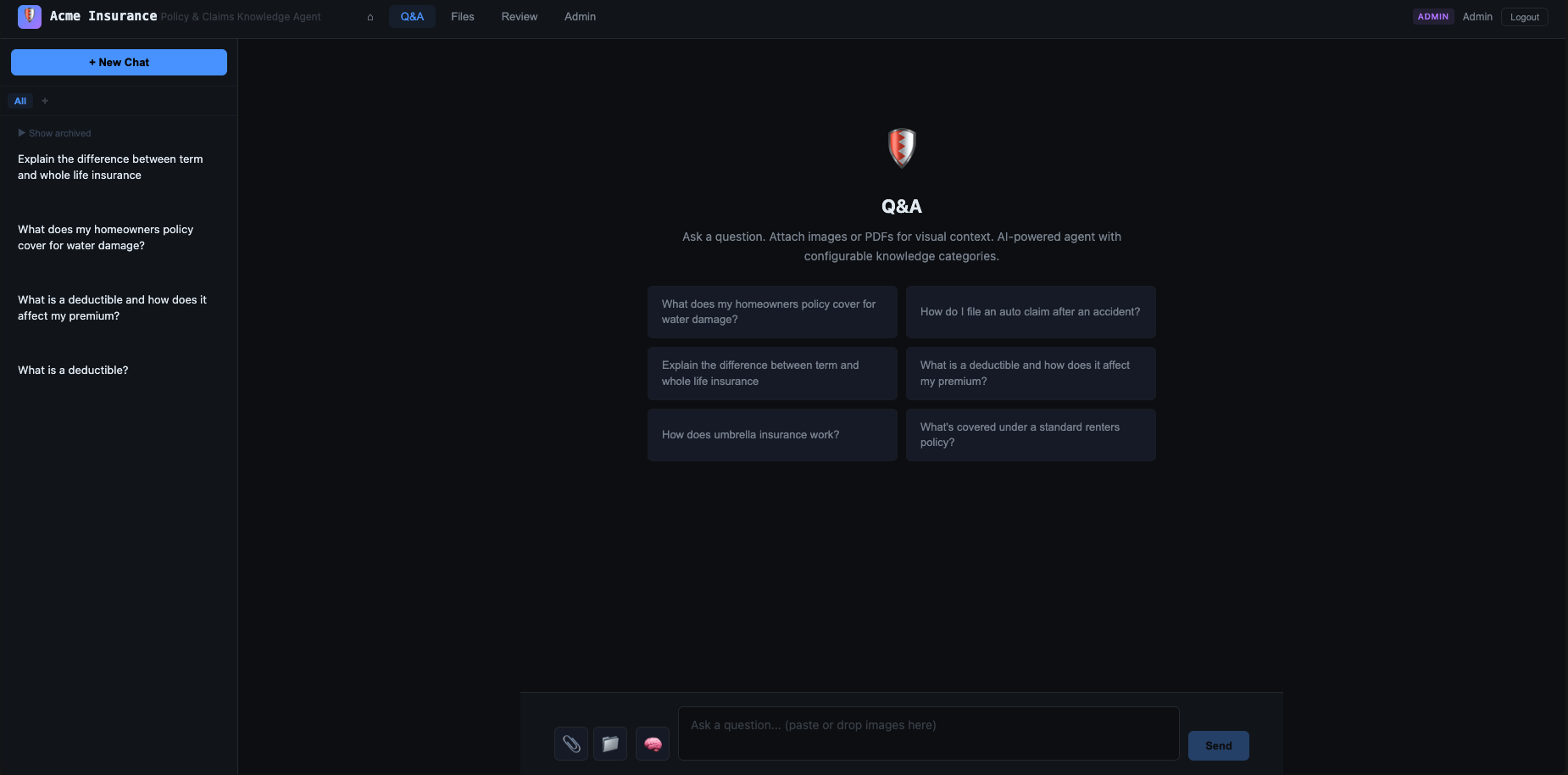 Chat interface with sample insurance questions and session history