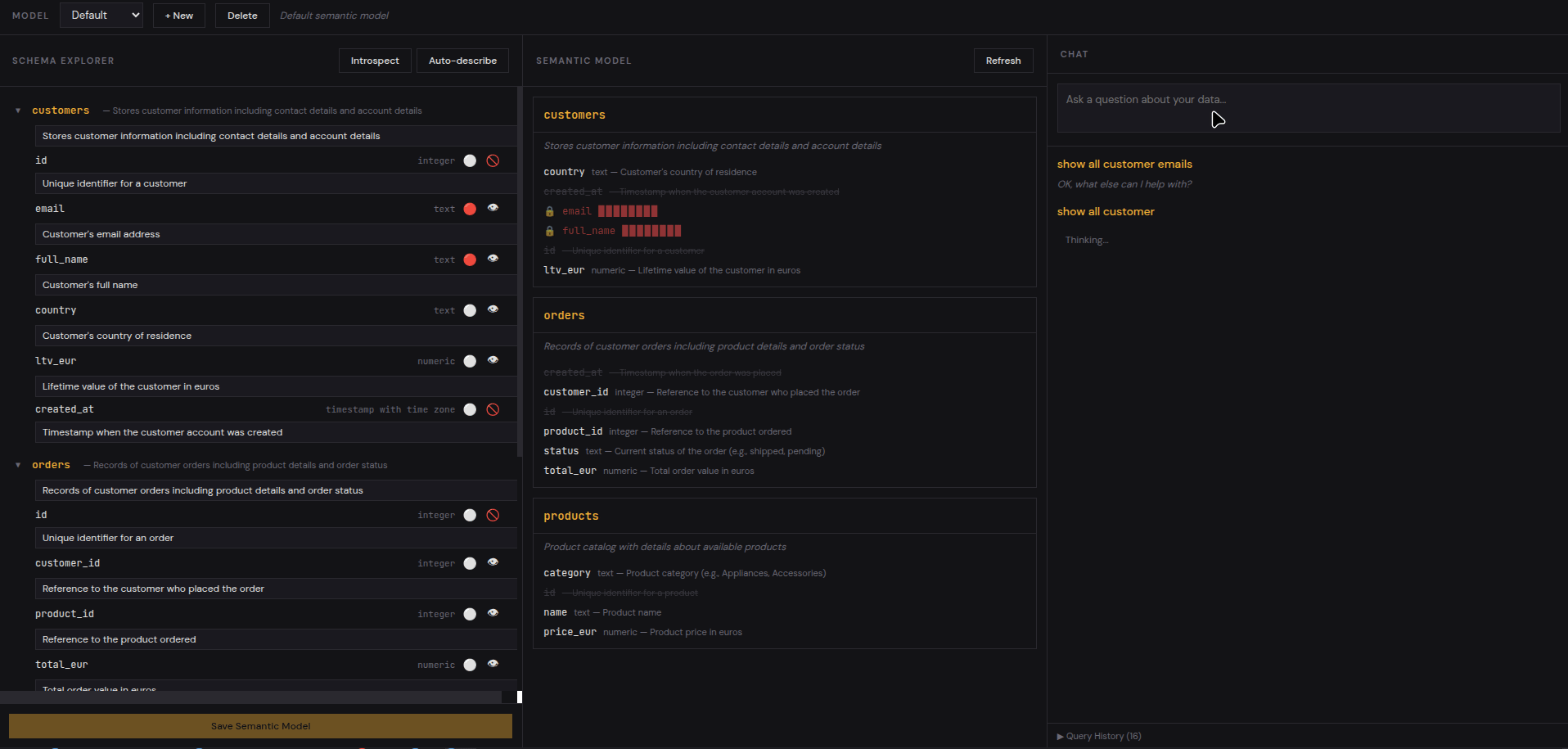 PII protection in action — queries touching PII columns are blocked and rewritten